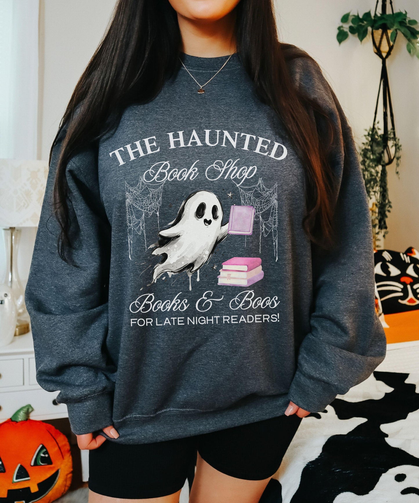 The Haunted Book Shop Sweatshirt, Halloween Crewneck for Book Lovers, Book Ghost Sweatshirt, Women's Bookish Fall Sweaters