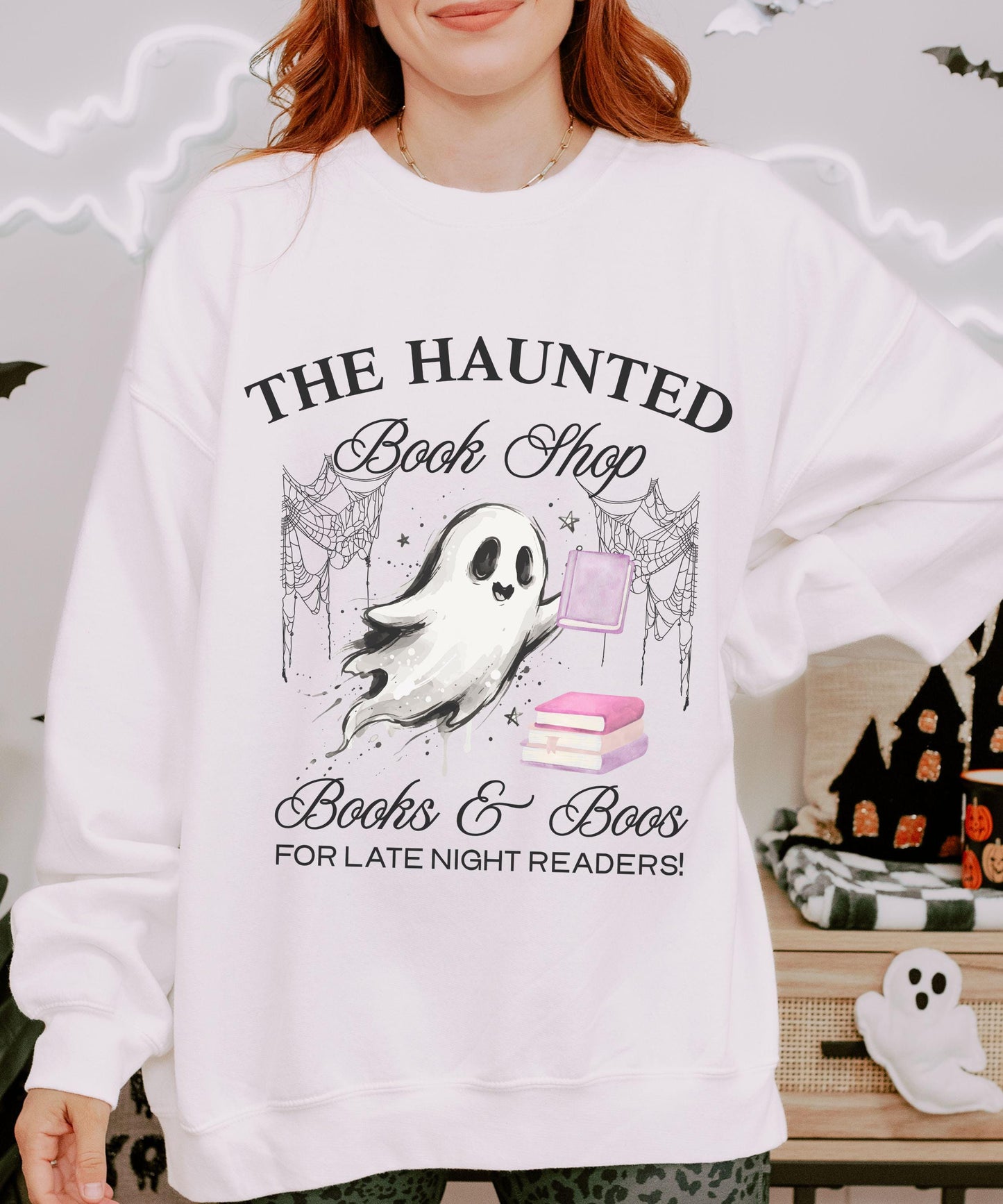 The Haunted Book Shop Sweatshirt, Halloween Crewneck for Book Lovers, Book Ghost Sweatshirt, Women's Bookish Fall Sweaters