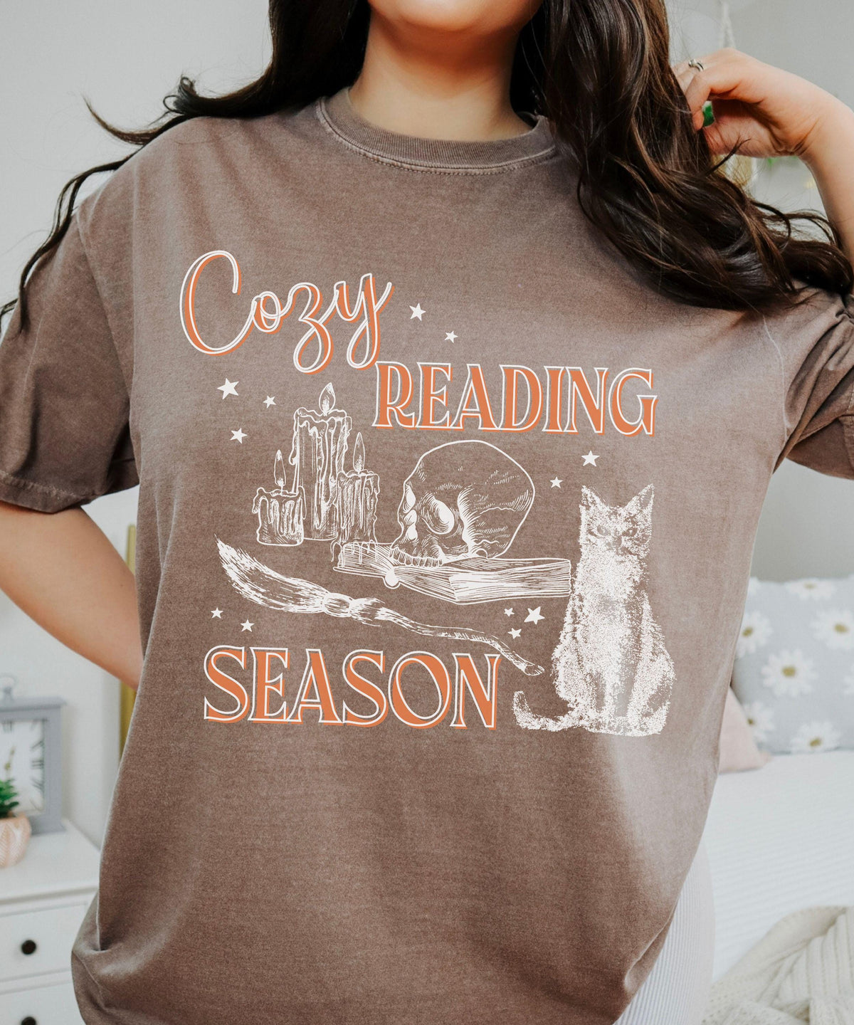 Cozy Reading Season Comfort Colors T-Shirt, Halloween Shirt for Book Lovers, Witchy Bookish Tees, Goblincore Halloween Cat Shirt for Readers