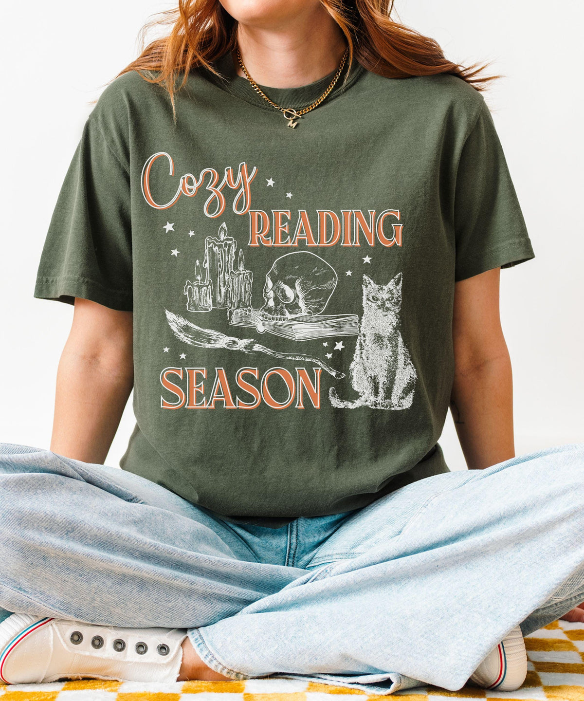 Cozy Reading Season Comfort Colors T-Shirt, Halloween Shirt for Book Lovers, Witchy Bookish Tees, Goblincore Halloween Cat Shirt for Readers