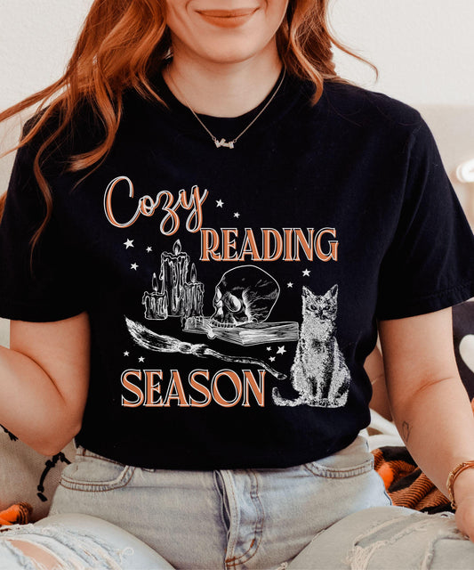 Cozy Reading Season Comfort Colors T-Shirt, Halloween Shirt for Book Lovers, Witchy Bookish Tees, Goblincore Halloween Cat Shirt for Readers
