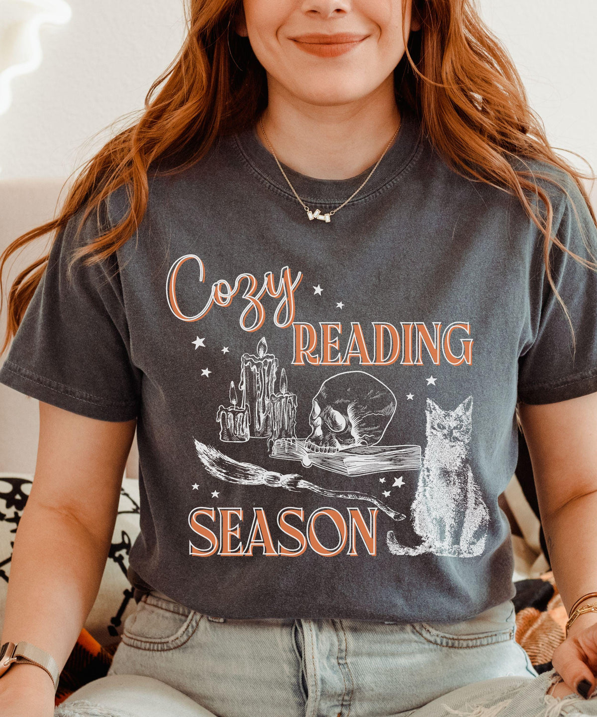 Cozy Reading Season Comfort Colors T-Shirt, Halloween Shirt for Book Lovers, Witchy Bookish Tees, Goblincore Halloween Cat Shirt for Readers