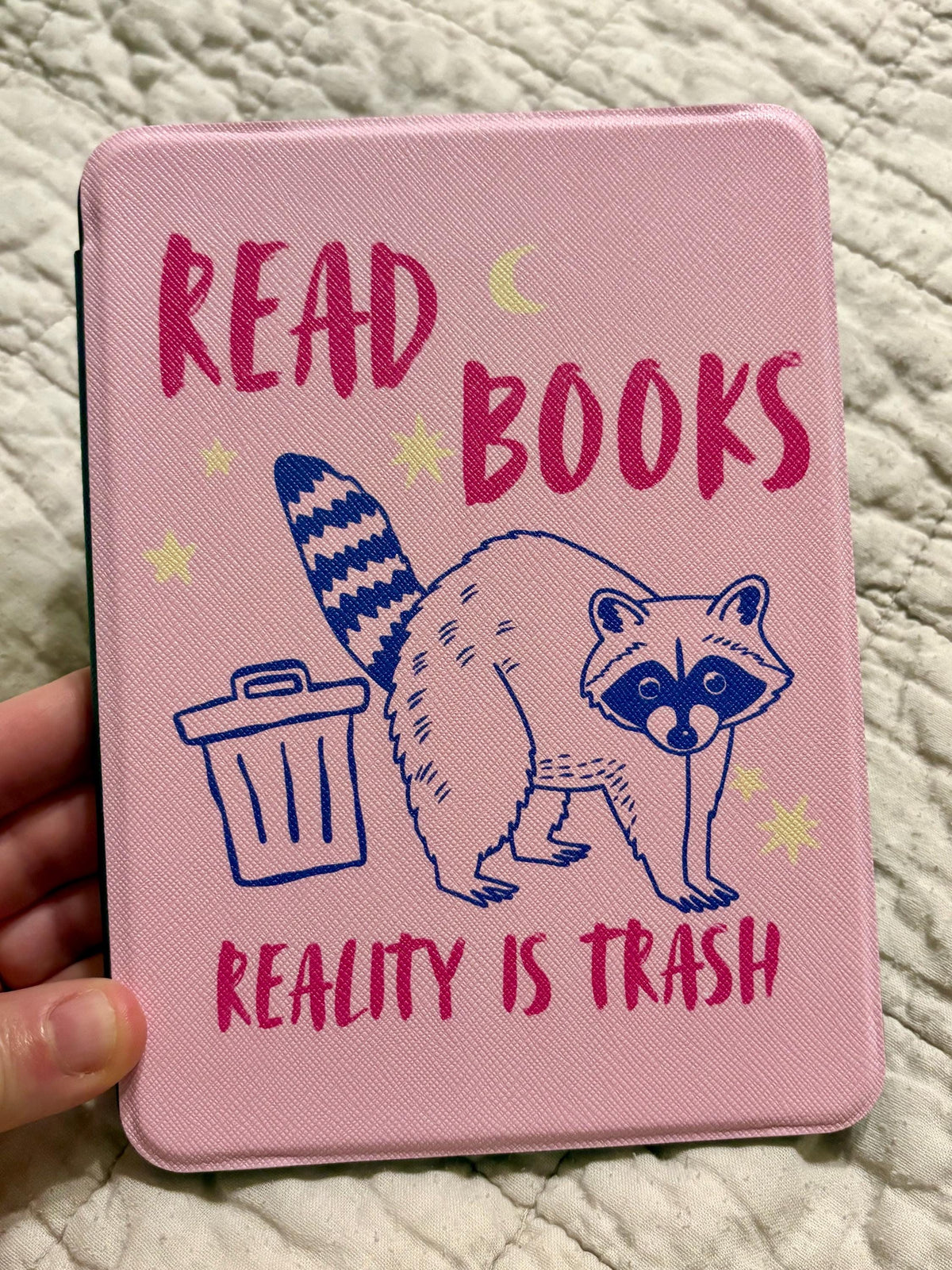 Read Books Reality is Trash Racoon Case for Kindle with Back Strap, Fits 6, 6.8, 7 inch Kindle, Book Lover Cute Animal E Reader Gifts