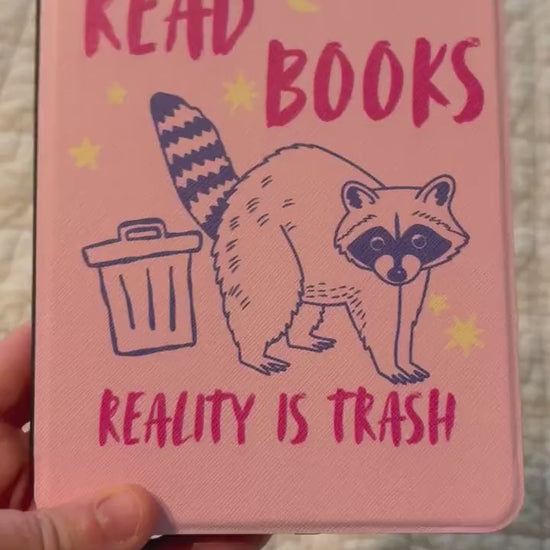 Read Books Reality is Trash Racoon Case for Kindle with Back Strap, Fits 6, 6.8, 7 inch Kindle, Book Lover Cute Animal E Reader Gifts