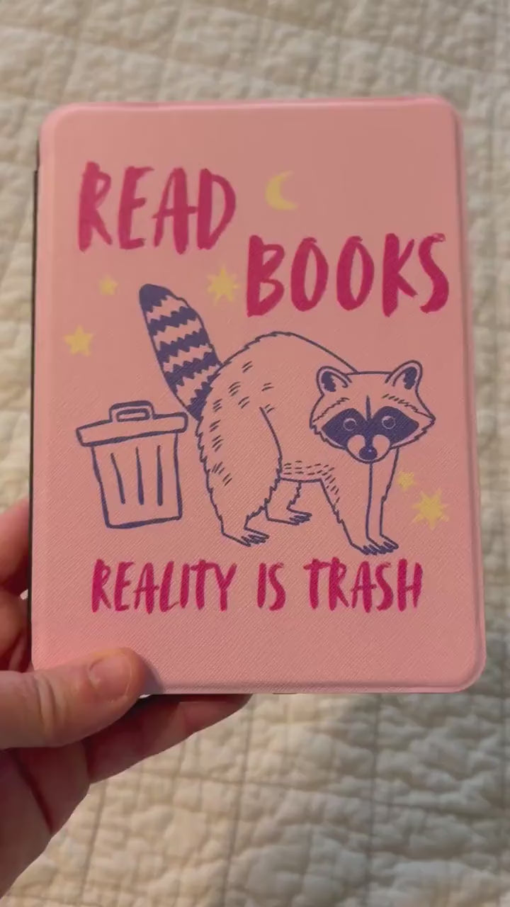 Read Books Reality is Trash Racoon Case for Kindle with Back Strap, Fits 6, 6.8, 7 inch Kindle, Book Lover Cute Animal E Reader Gifts