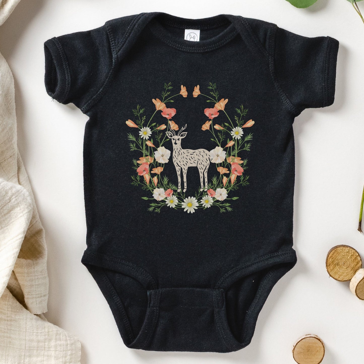 Woodland Creatures Baby Bodysuit Deer Infant Top Cottagecore Baby Clothes Wildflower Baby Shirt Forestcore Shirt for Baby Fairycore Baby Tee