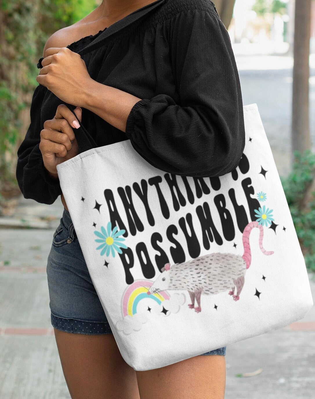 Possum Tote Bag Anything is Possible Reusable Retro Aesthetic Tote Bag Opossum Gift Graduation Gift Rainbow Tote Bag Positive Gift for Teen