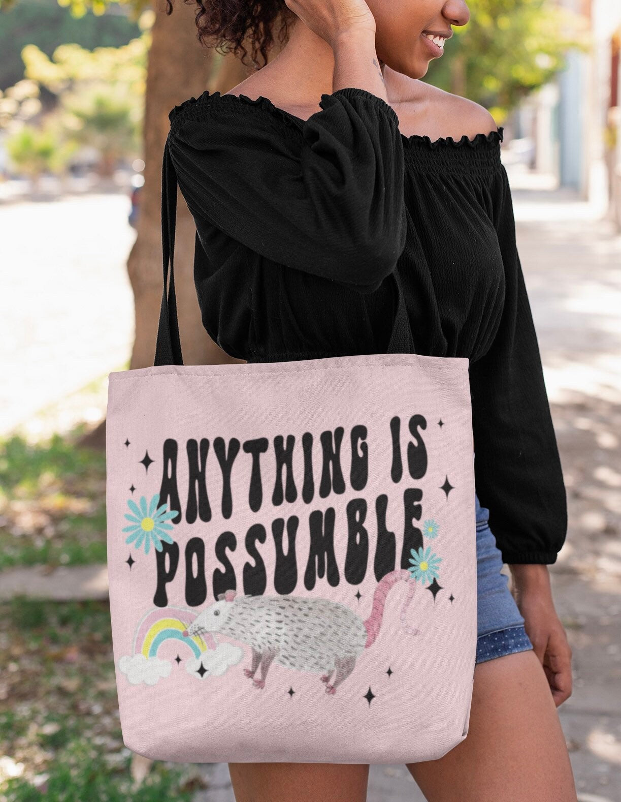 Possum Tote Bag Anything is Possible Reusable Retro Aesthetic Tote Bag Opossum Gift Graduation Gift Rainbow Tote Bag Positive Gift for Teen