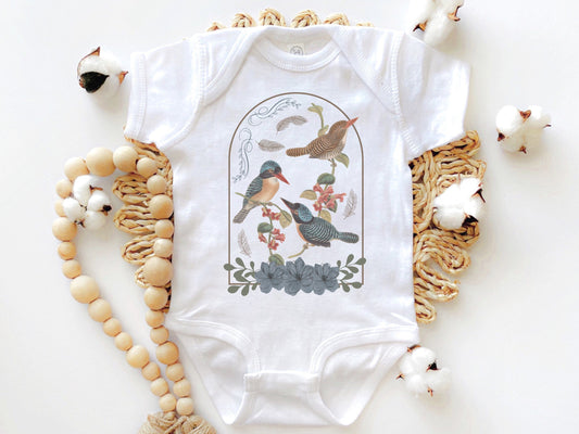 Bird Baby Bodysuit, Cottagecore Baby Clothes, Boho Baby Bodysuit, Botanical Baby Bodysuit, Infant Girl Clothes, Cottage Core Baby Girl,