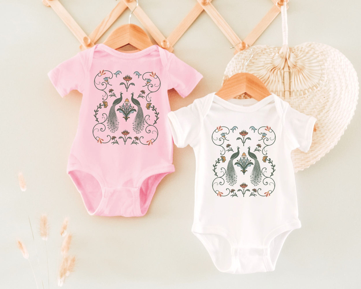 Peacock Baby Girl Bodysuit Art Nouveau Flower Peafowl Baby Unique Baby Girl Clothes Cottagecore Clothes Retro Floral Baby Girl Bird Bodysuit