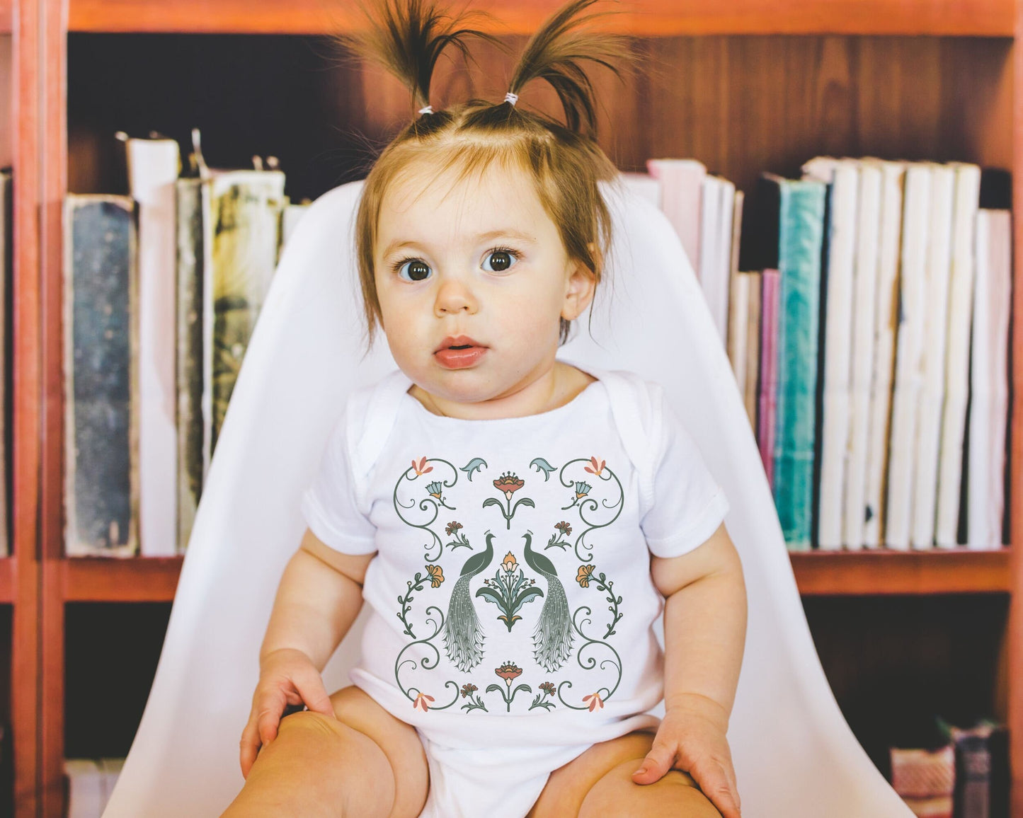 Peacock Baby Girl Bodysuit Art Nouveau Flower Peafowl Baby Unique Baby Girl Clothes Cottagecore Clothes Retro Floral Baby Girl Bird Bodysuit