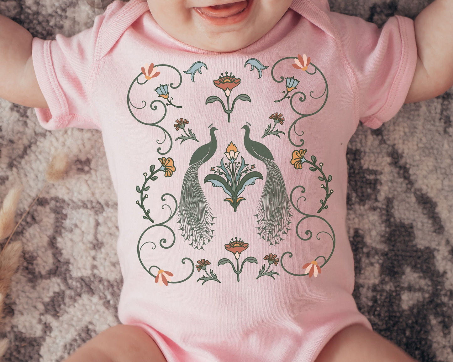 Peacock Baby Girl Bodysuit Art Nouveau Flower Peafowl Baby Unique Baby Girl Clothes Cottagecore Clothes Retro Floral Baby Girl Bird Bodysuit