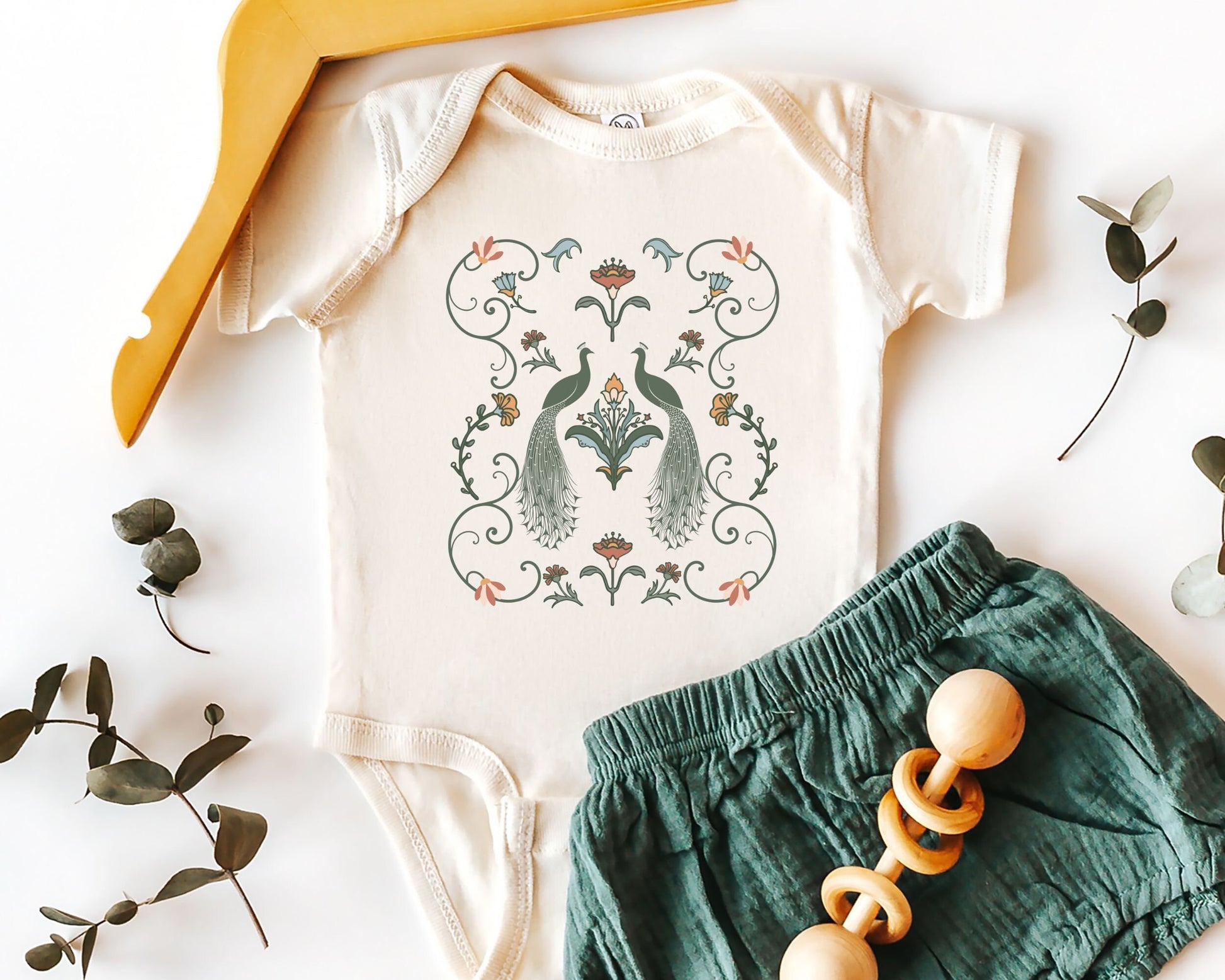 Peacock Baby Girl Bodysuit Art Nouveau Flower Peafowl Baby Unique Baby Girl Clothes Cottagecore Clothes Retro Floral Baby Girl Bird Bodysuit