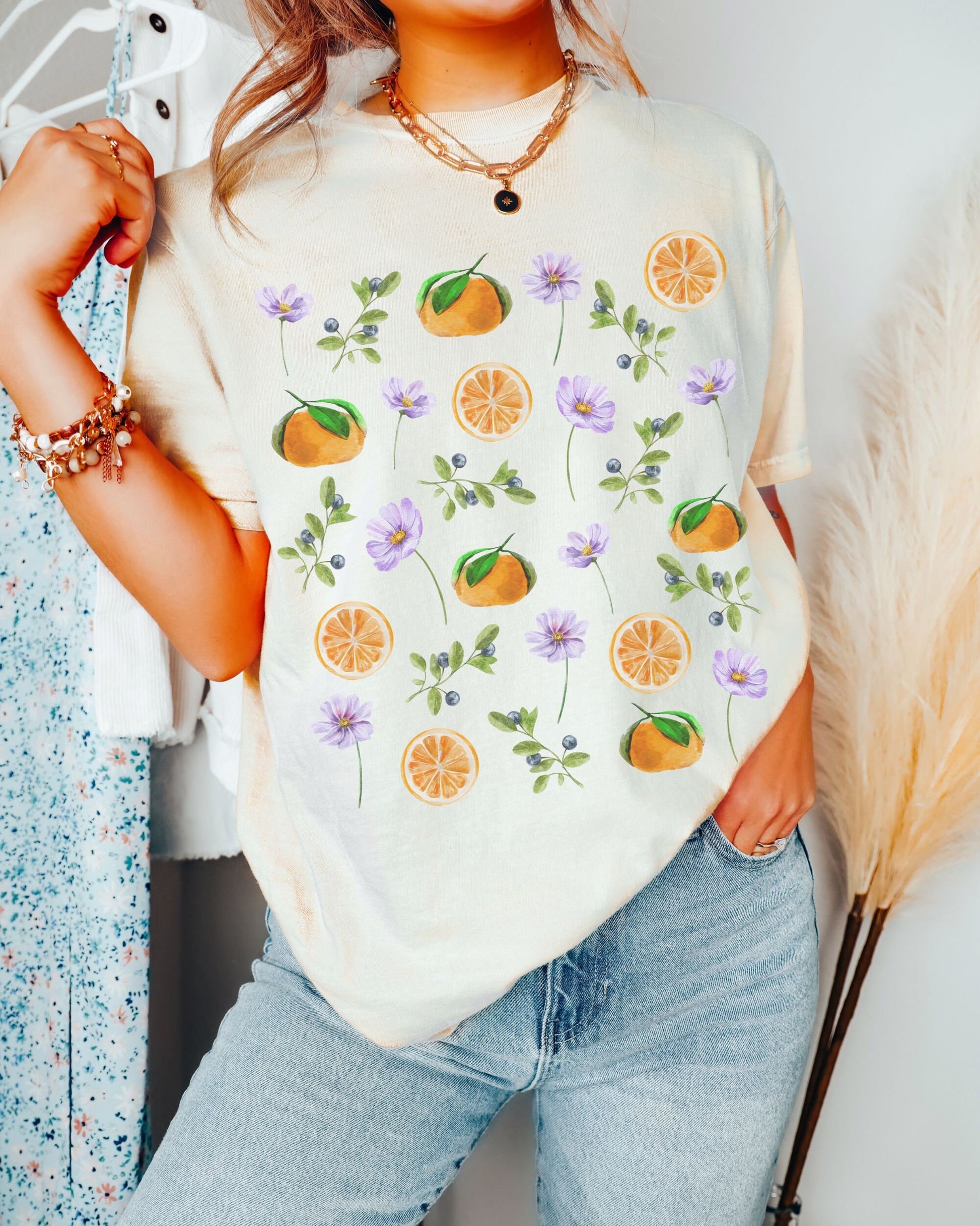 Comfort Colors Oranges Blueberry Shirt Wild Flowers Shirt Fruit Shirt BOHO Summer Tshirt Berry Shirt Mandarins Citrus Tee Cottage Core Shirt