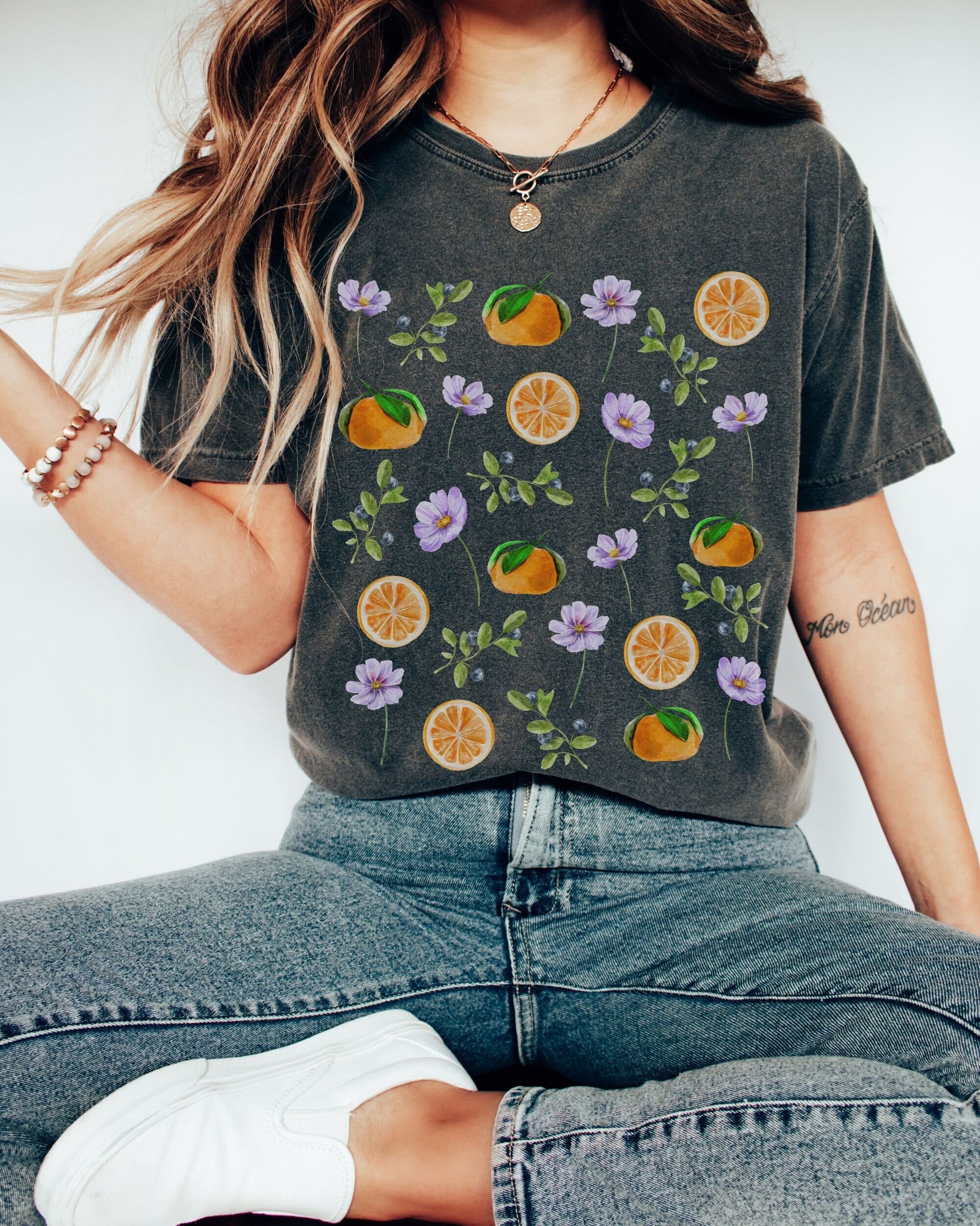 Comfort Colors Oranges Blueberry Shirt Wild Flowers Shirt Fruit Shirt BOHO Summer Tshirt Berry Shirt Mandarins Citrus Tee Cottage Core Shirt