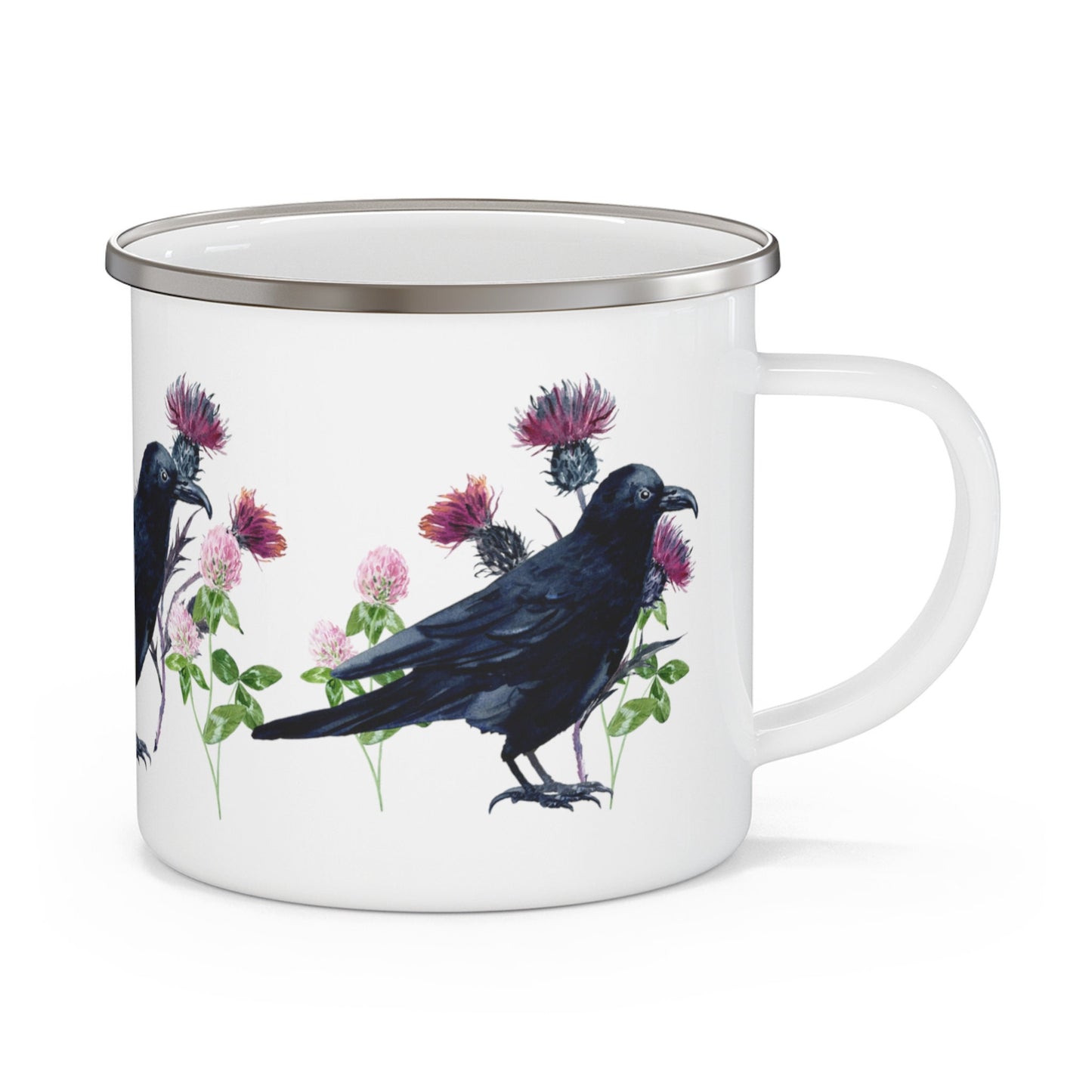 Raven Mug Thistles and Clover Wildflowers Black Bird Crowcore Fall Enamel Camping Mug Dark Academia Mug Goblincore Forestcore Halloween Mug