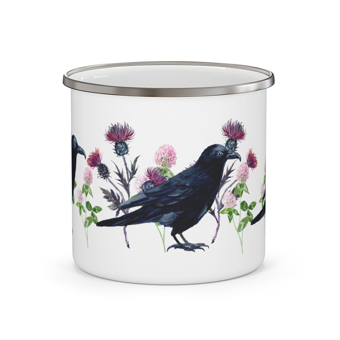 Raven Mug Thistles and Clover Wildflowers Black Bird Crowcore Fall Enamel Camping Mug Dark Academia Mug Goblincore Forestcore Halloween Mug