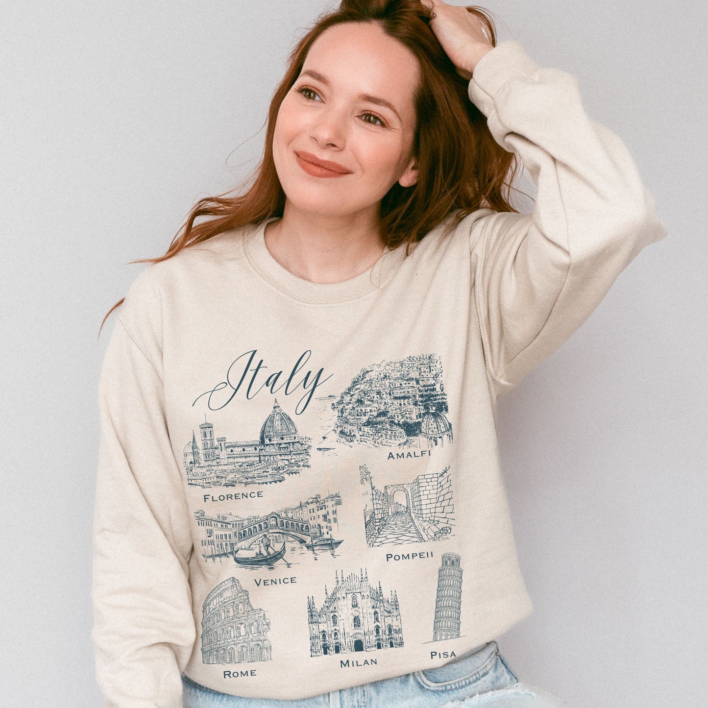 Italy Sweatshirt Italian Locations Shirt Florence Rome Venice Pompei Milan Pisa Amalfi Italy Ancient Ruins Shirt Light Academia Crewneck