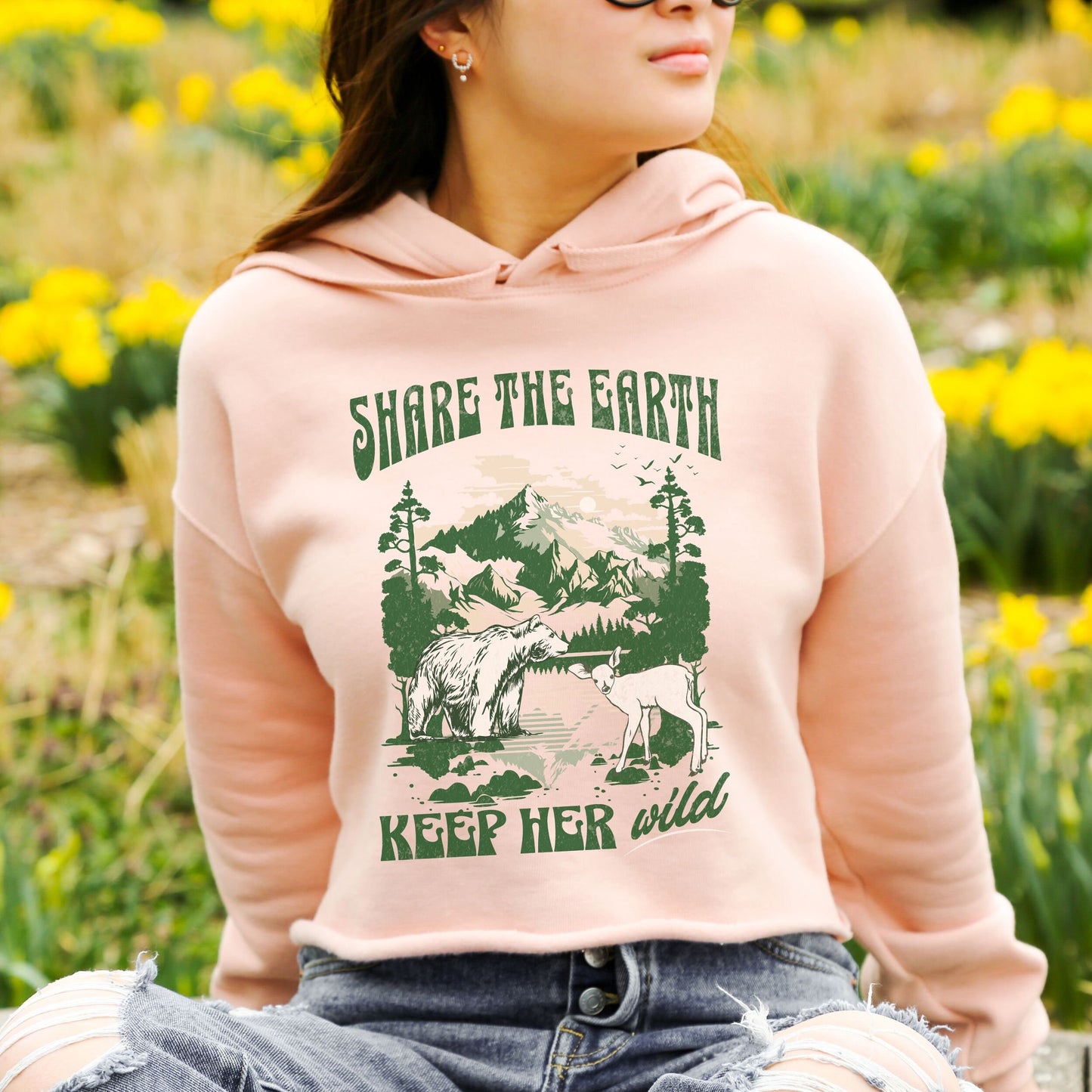 Share the Earth Nature Cropped Hoodie, Granola Girl Sweatshirt Granola Aesthetic Forestcore Mountain Hoodie Colorado Wild Animals Sweatshirt