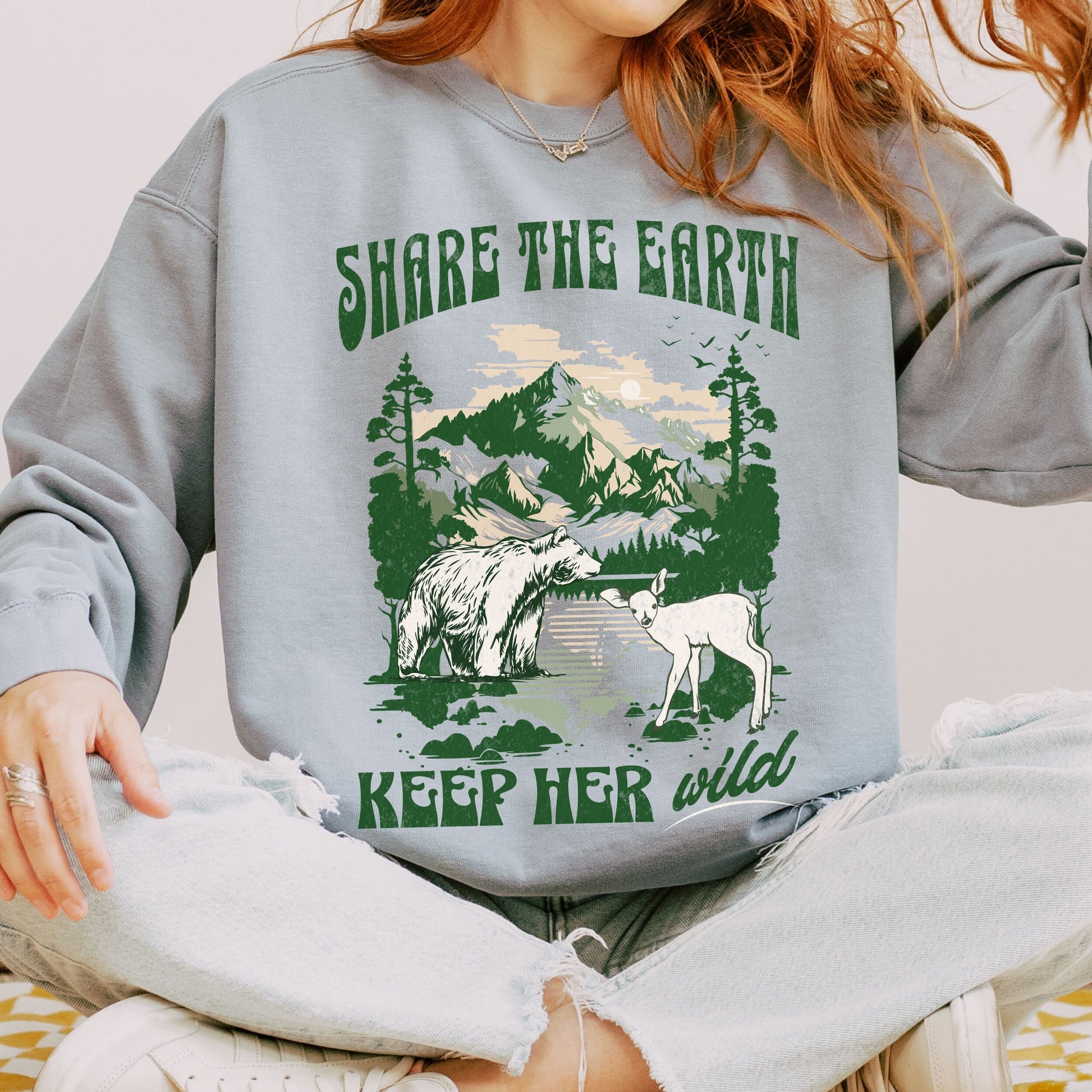 Share The Earth Comfort Colors Crewneck, Granola Girl Sweatshirt Granola Aesthetic Forestcore Mountain Sweatshirt Colorado Wild Animals