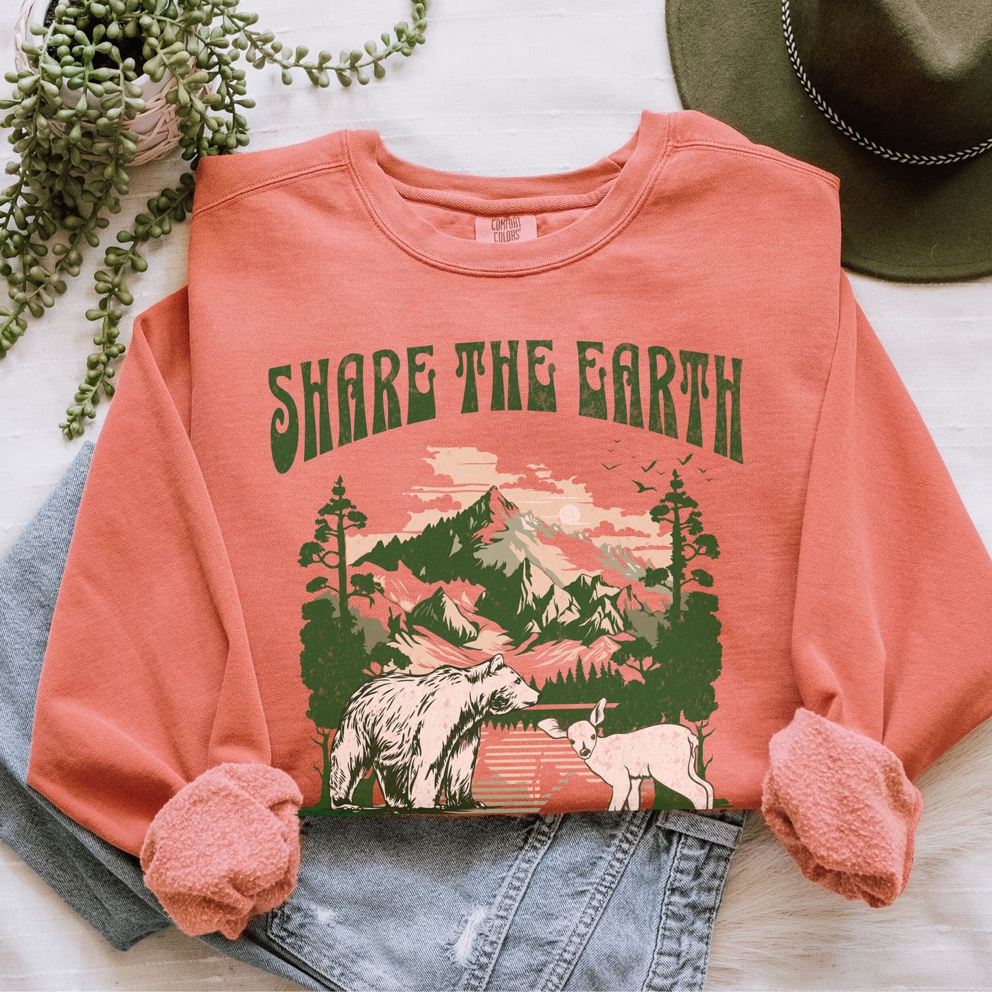 Share The Earth Comfort Colors Crewneck, Granola Girl Sweatshirt Granola Aesthetic Forestcore Mountain Sweatshirt Colorado Wild Animals