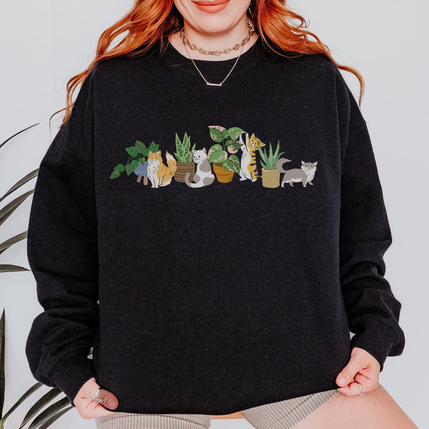 Plants and Cats Crewneck Sweatshirt, Plant Sweatshirt Plant Lover Gift Cat Themed Gifts Women Plant Mama Shirt Cat Sweater