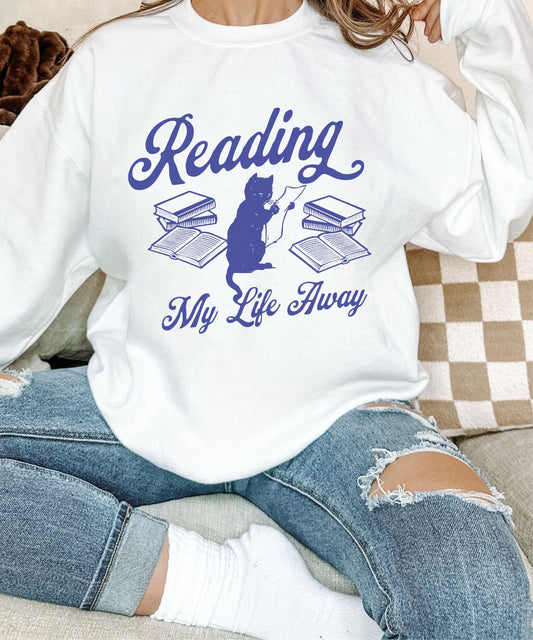 Reading My Life Away Cat Sweatshirt Reading Sweatshirt Fantasy Romance Library Sweatshirt TBR Booklover Gifts Cats and Books Sweater