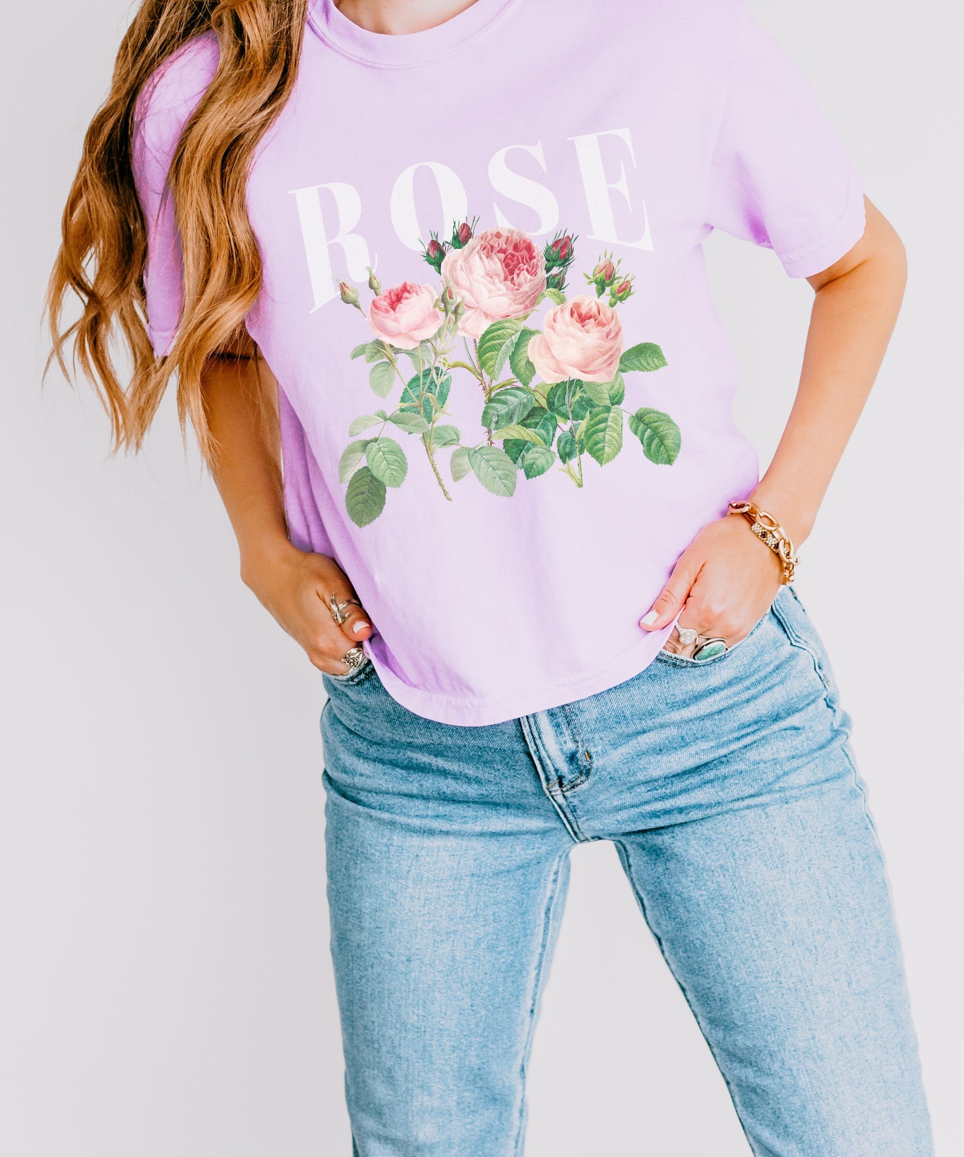 Rose Shirt, Semi Cropped Comfort Colors Tee Women's Summer Tees Rose June Birth Flower Shirt Vintage Roses Band T Shirt Fairycore Clothing