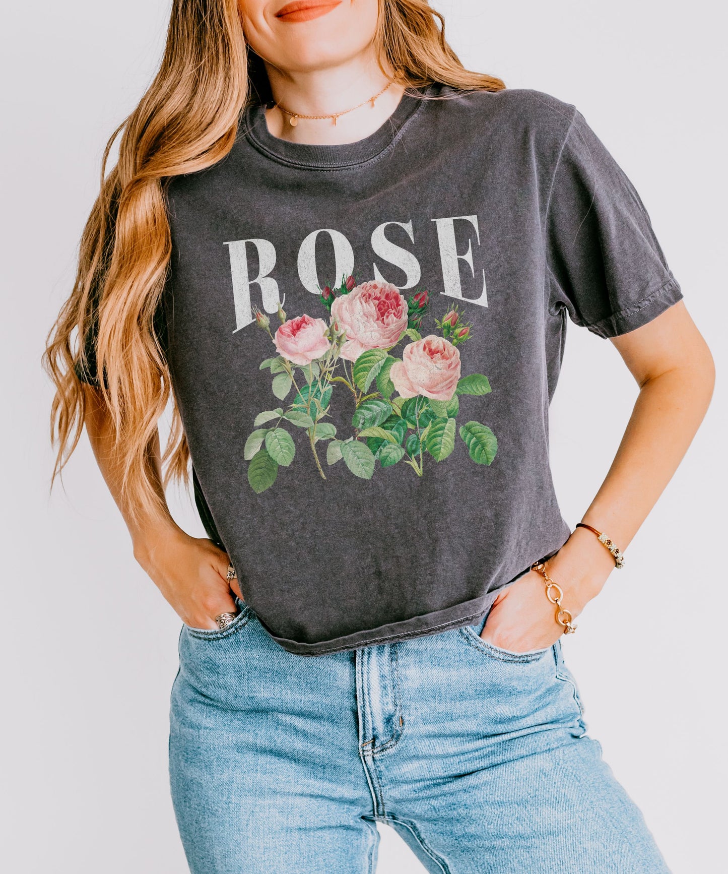 Rose Shirt, Semi Cropped Comfort Colors Tee Women's Summer Tees Rose June Birth Flower Shirt Vintage Roses Band T Shirt Fairycore Clothing