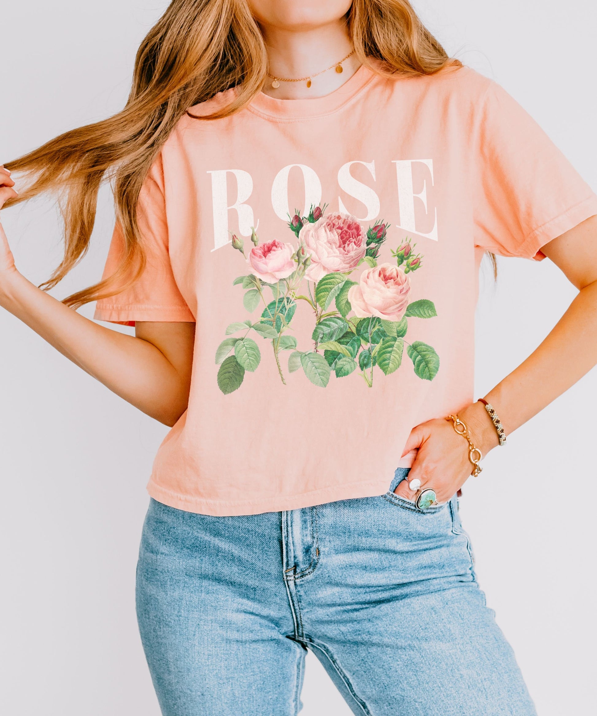 Rose Shirt, Semi Cropped Comfort Colors Tee Women's Summer Tees Rose June Birth Flower Shirt Vintage Roses Band T Shirt Fairycore Clothing